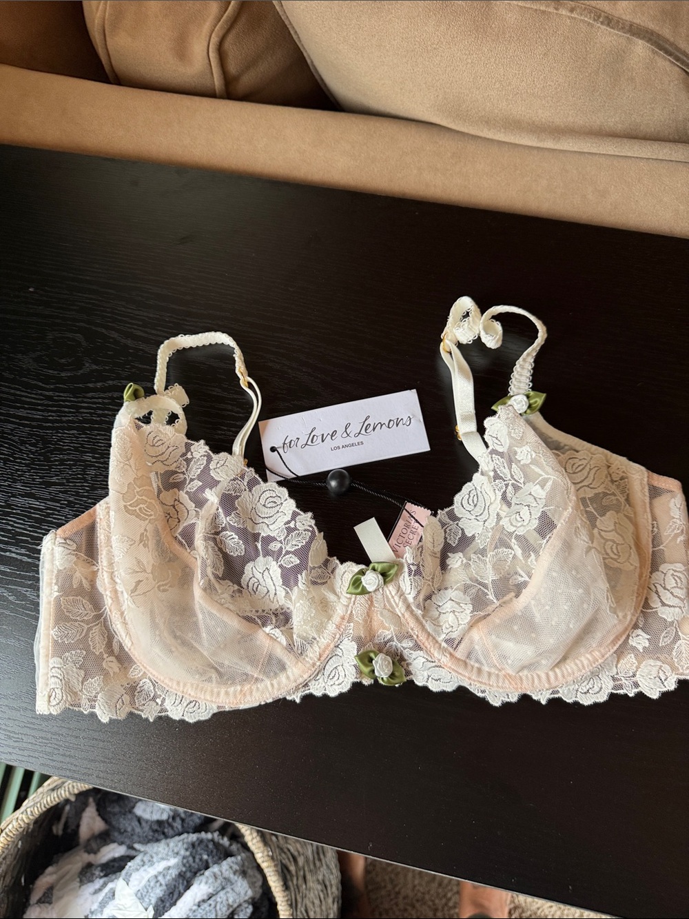 For Love & Lemons Pale Blush Lace Underwire Bra with Rose Appliqués